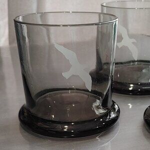 Vintage Smokey Glasses with White Bird Design Set of 4